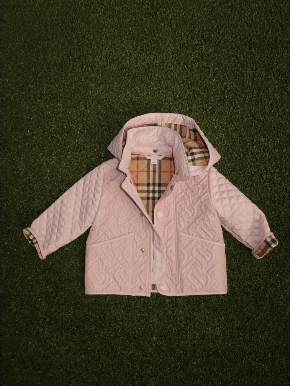 Burberry Light Pink Quilted Hooded Kids Coat with Classic Check Lining